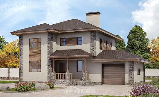 185-004-П Проект двухэтажного дома и гаражом, средний домик из газосиликатных блоков Опочка | Проекты домов от House Expert