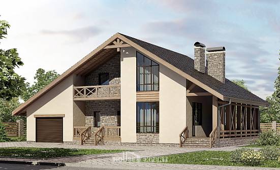 265-001-Л Проект двухэтажного дома с мансардой и гаражом, классический коттедж из бризолита, Пыталово