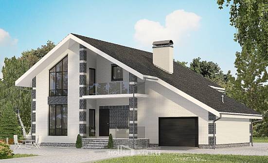 180-001-П Проект двухэтажного дома с мансардой и гаражом, бюджетный коттедж из газосиликатных блоков, Опочка